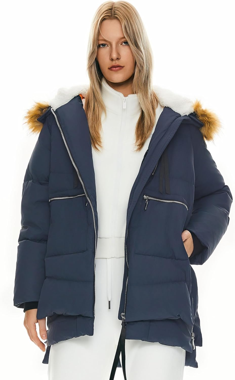 Navy hooded down jacket with faux-fur trim, zip front, and side flap pockets