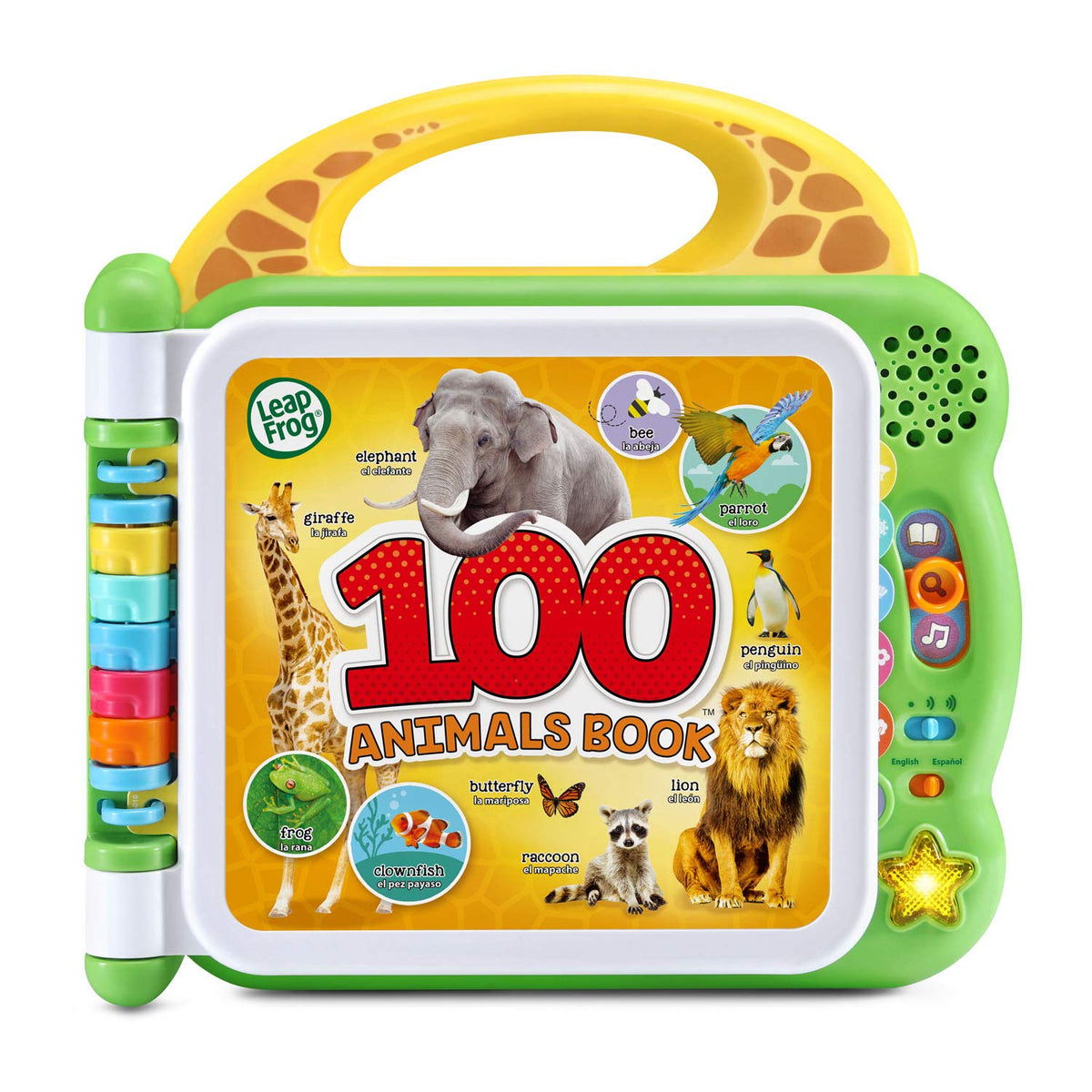 Green and yellow interactive 100 animals book with elephant and animal icon graphics