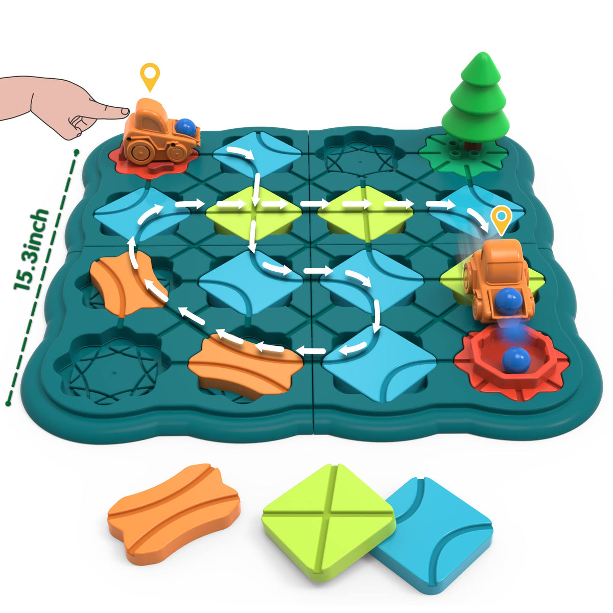 Teal logic puzzle route board with colorful train pieces and green tree topper