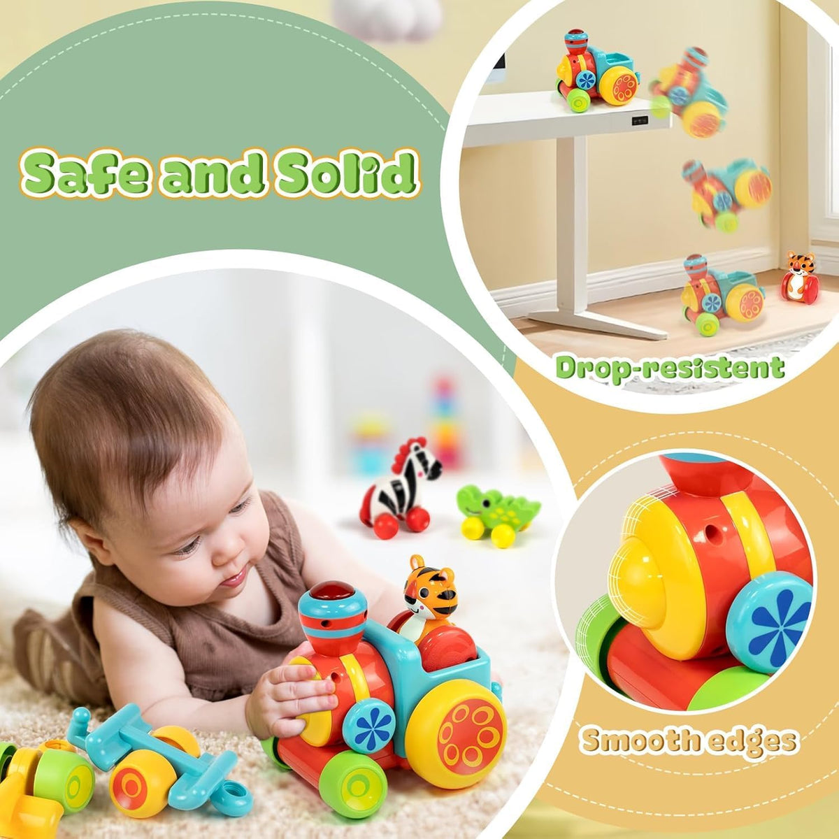 Toddler playing with colorful push animal train toy, zebra and tiger figures