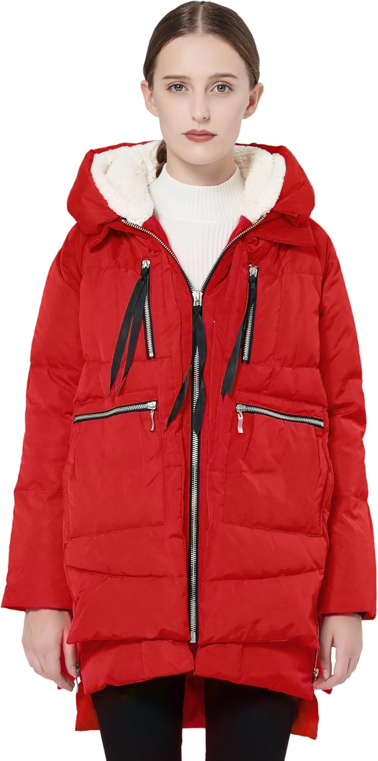 Women’s thickened down jacket, red with faux-fur hood trim and drawstring zip front