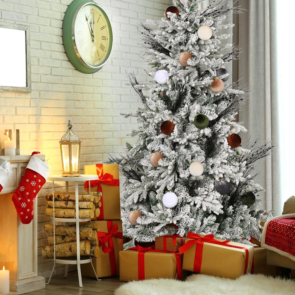 Velvet Christmas ornament balls on tree, mixed white, brown, dark green, and gray, 80mm