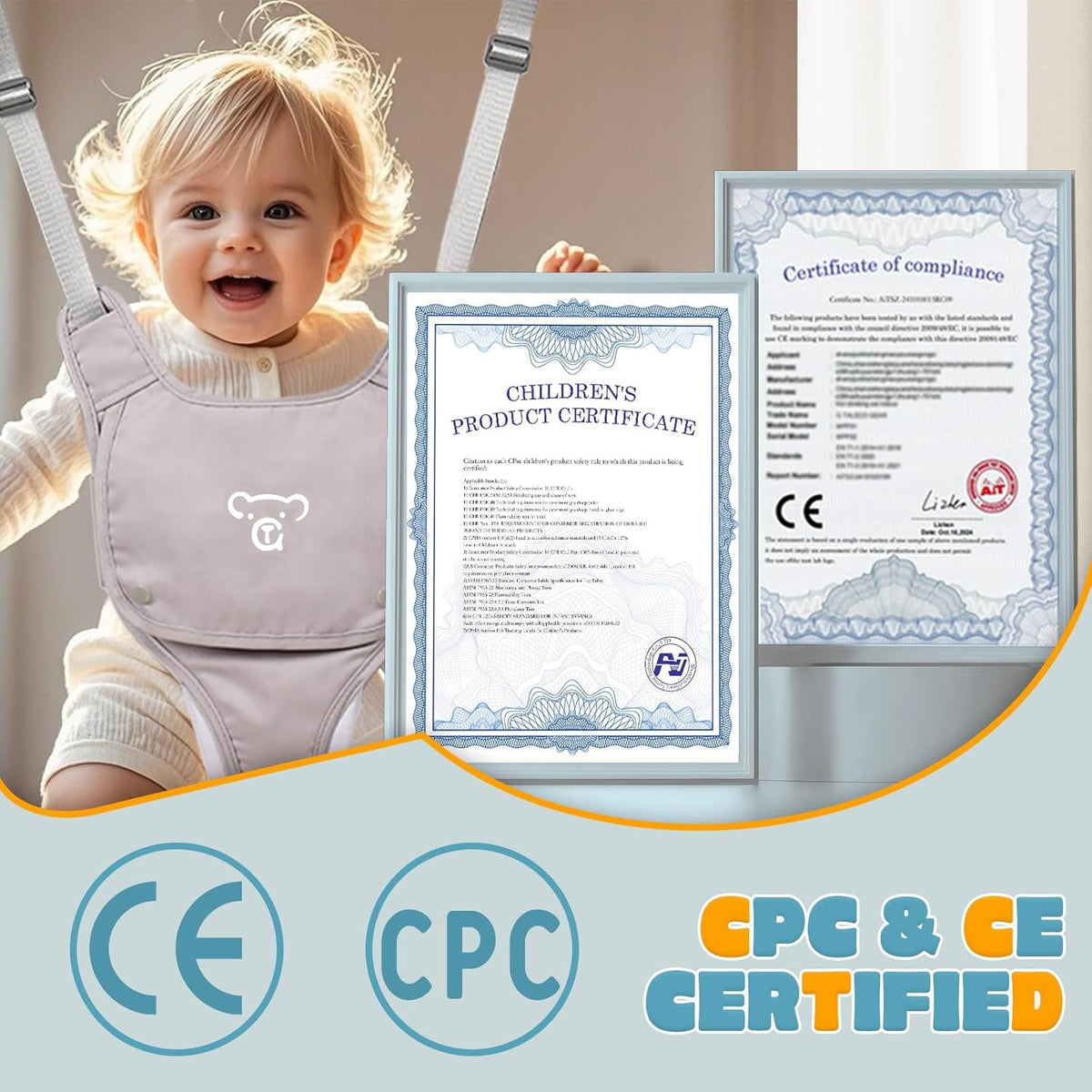 Grey baby jumper with certification documents displayed beside the jumper