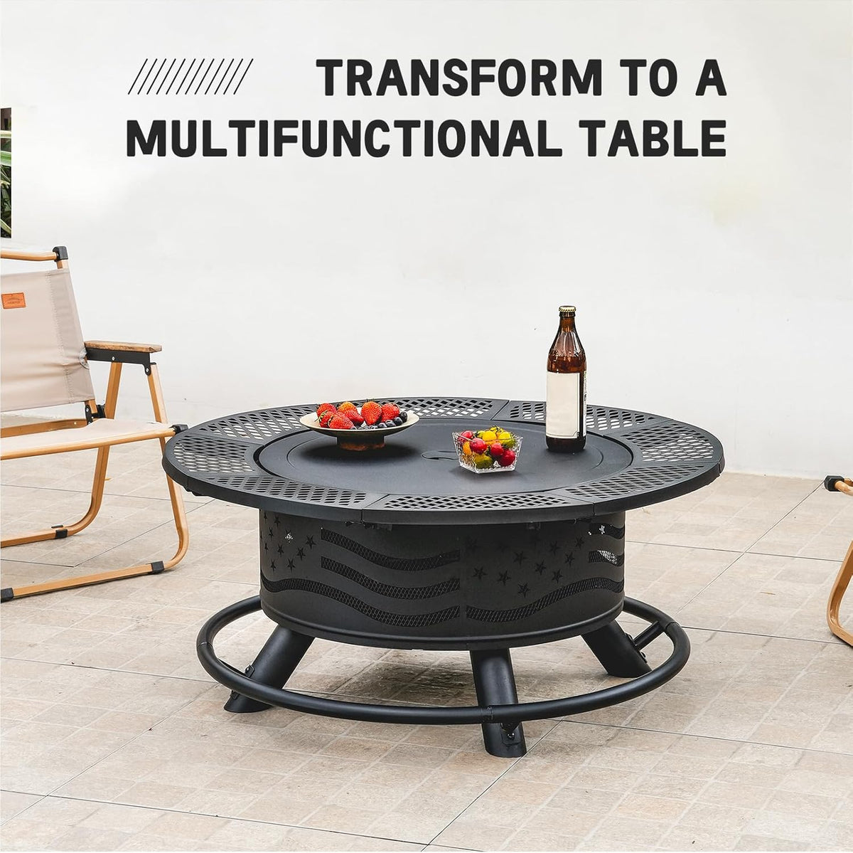 Black fire pit grill with perforated tabletop top for serving food and drinks