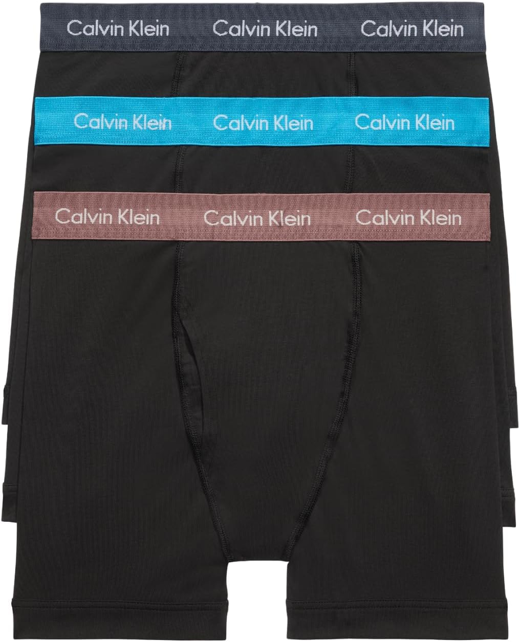 Men's cotton stretch boxer briefs 3-pack, black with blue and coral logo waistbands