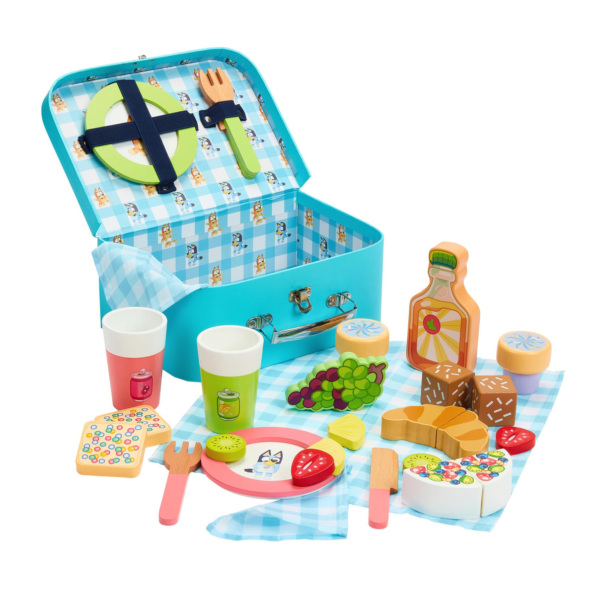Wooden picnic basket set with blue check lid and colorful play food pieces