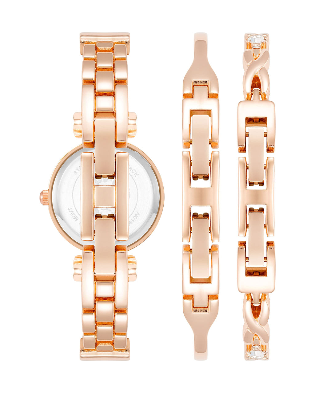Rose gold-tone bangle watch with round dial and matching cuff bracelets, 3-piece set