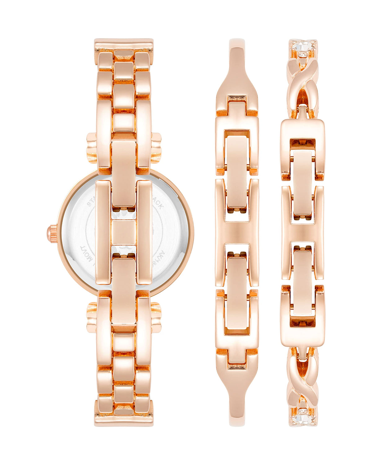 Rose gold-tone bangle watch with round dial and matching cuff bracelets, 3-piece set