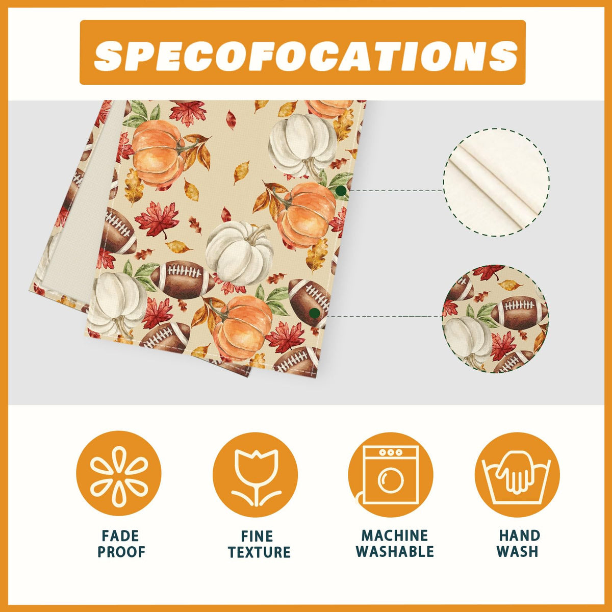 Folded table runner swatch in fall pumpkin, leaf, and football pattern