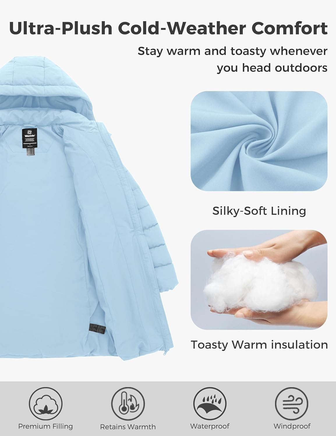 Light blue hooded puffer jacket with quilted insulation and side snap details, closeup