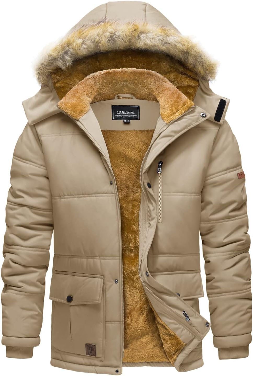 Men's winter hooded parka jacket in khaki with faux fur trim and water-repellent shell