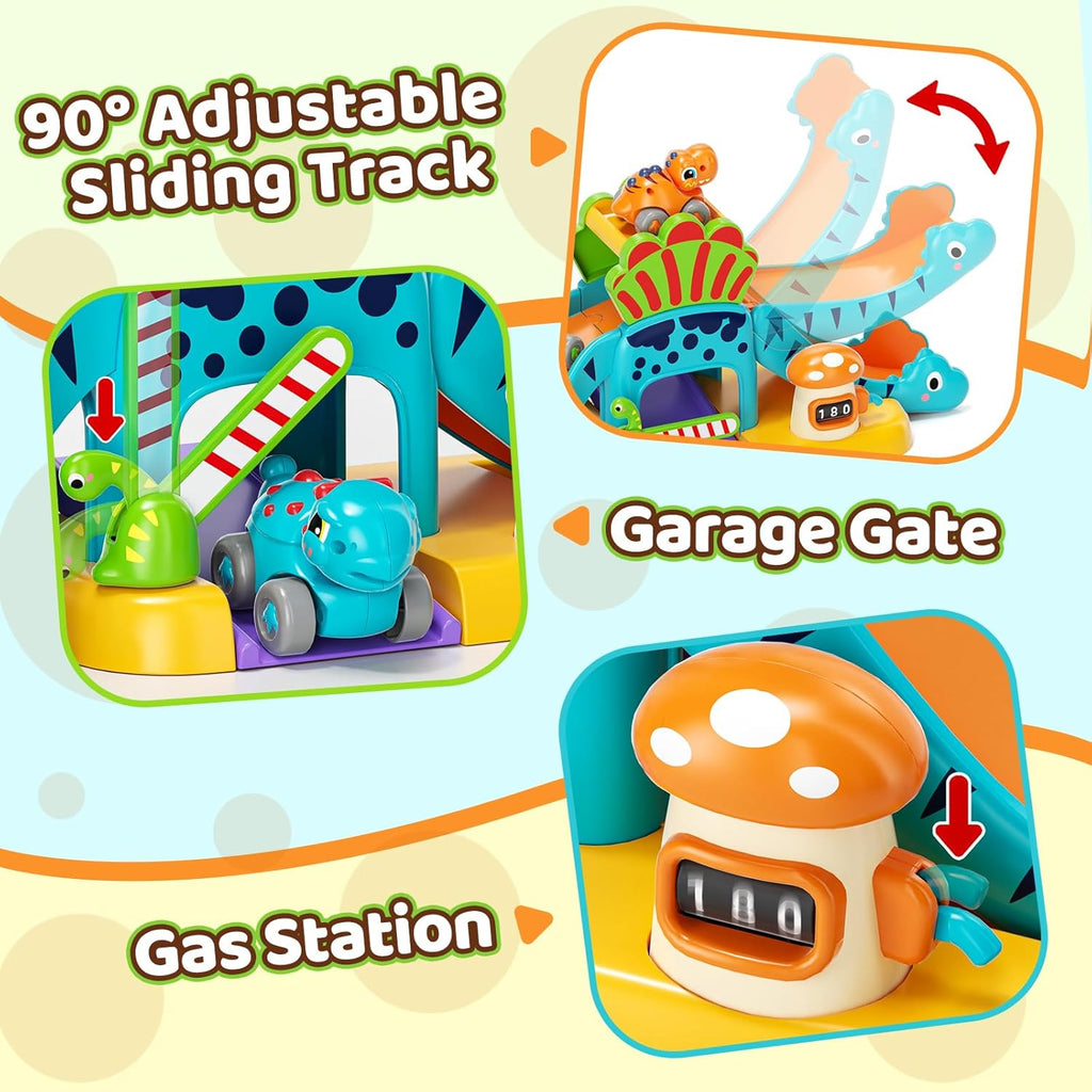 Dinosaur slide toy with garage gate and gas station play areas plus push cars