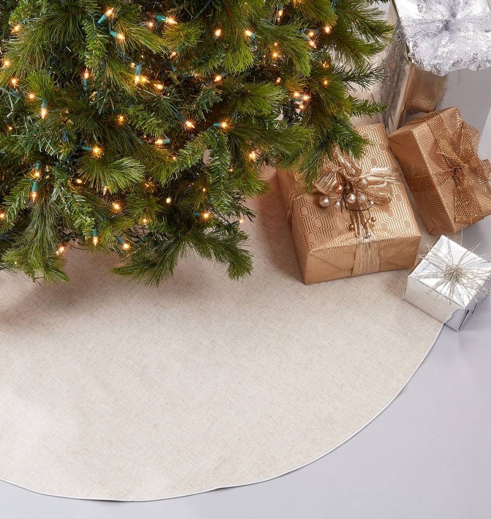 Linen blend Christmas tree skirt, round with red piping trim