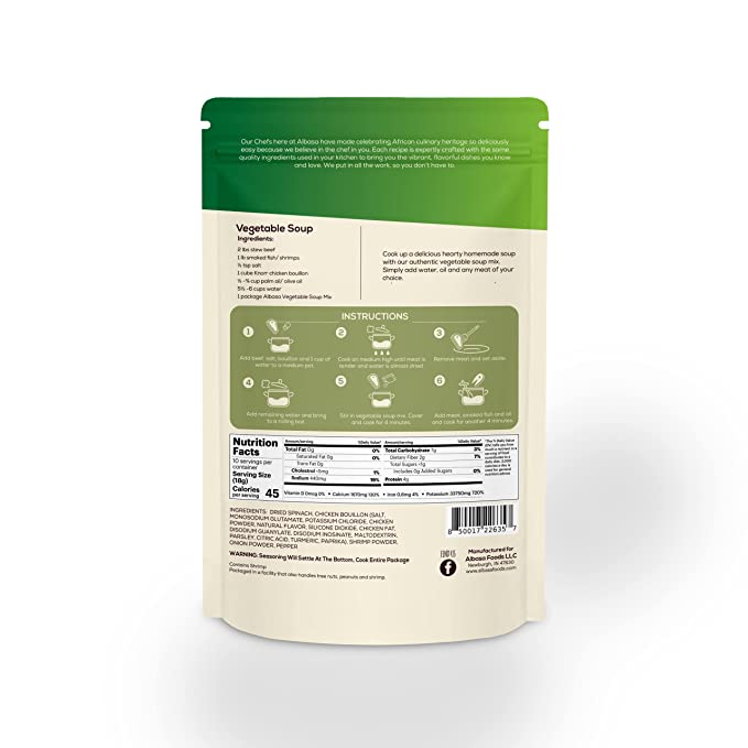 Seasoned vegetable soup mix pouch back panel with nutrition and cooking instructions