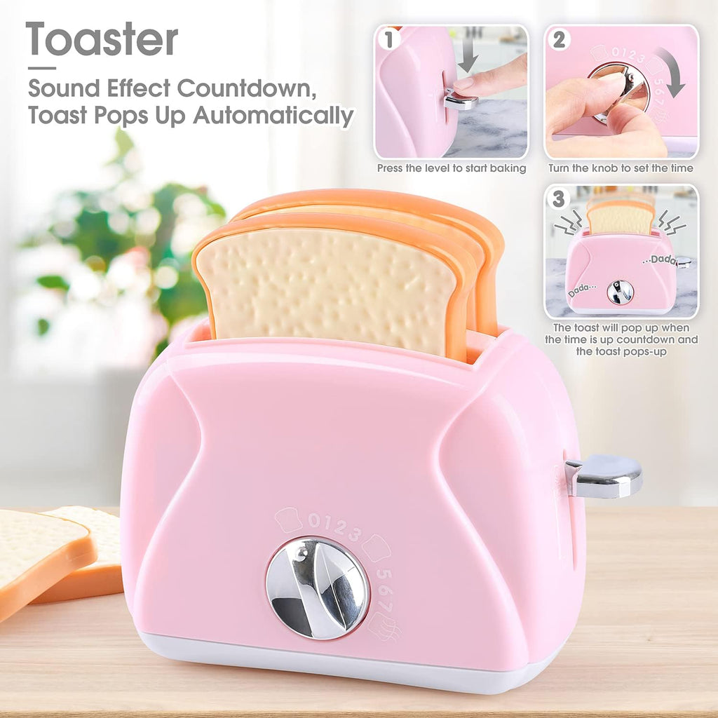 Pink and white toy toaster with orange toast slice and front lever