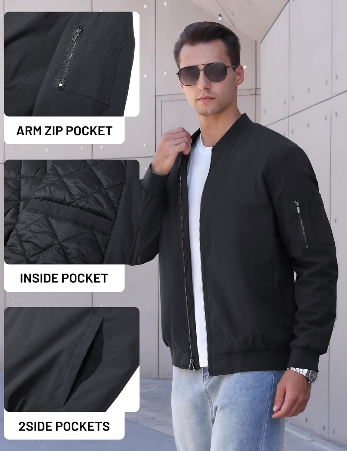 Men's black bomber jacket with arm zip pocket, inside pocket, and side pockets
