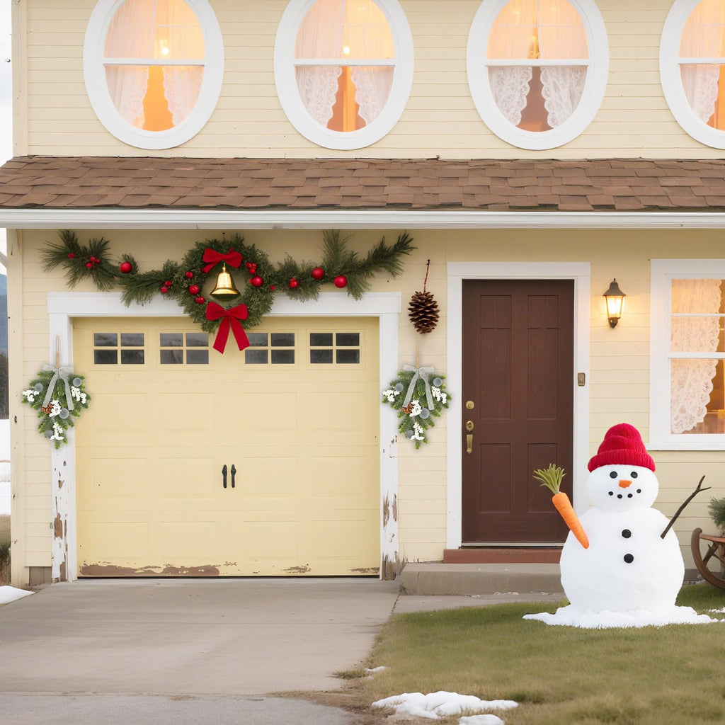 Christmas front porch with wreath and garland decorations across the doorway and windows