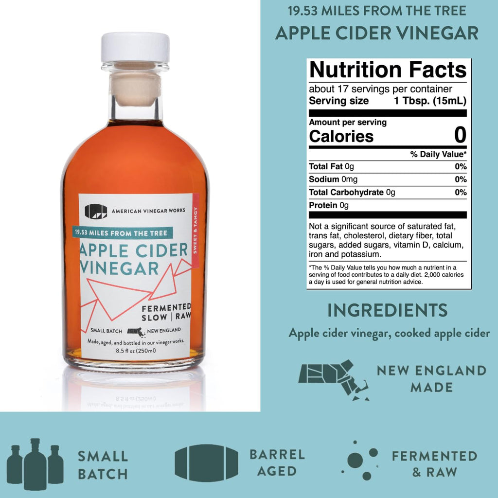 Apple cider vinegar bottle with label and nutrition facts panel.