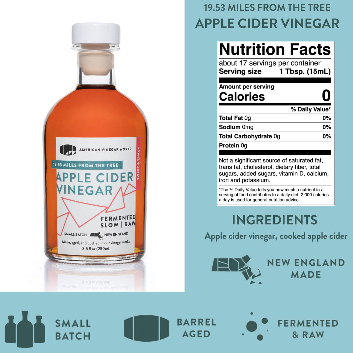 Apple cider vinegar bottle with label and nutrition facts panel.