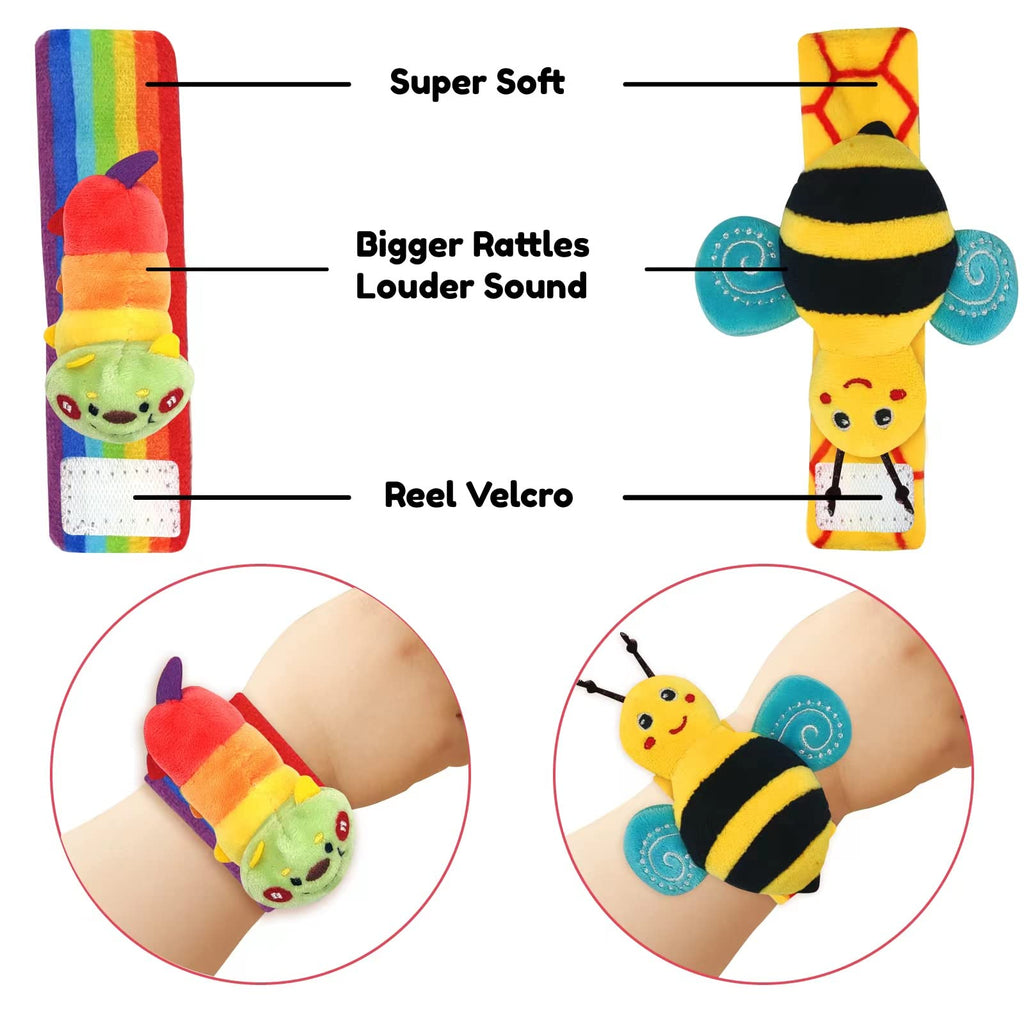 Bug baby rattle socks and wrist rattles set with striped bee and ladybug designs