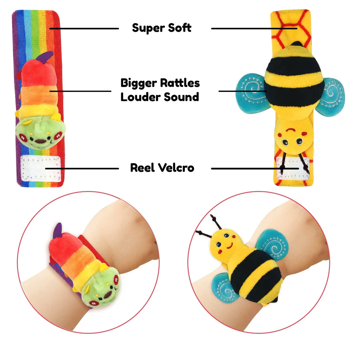 Bug baby rattle socks and wrist rattles set with striped bee and ladybug designs
