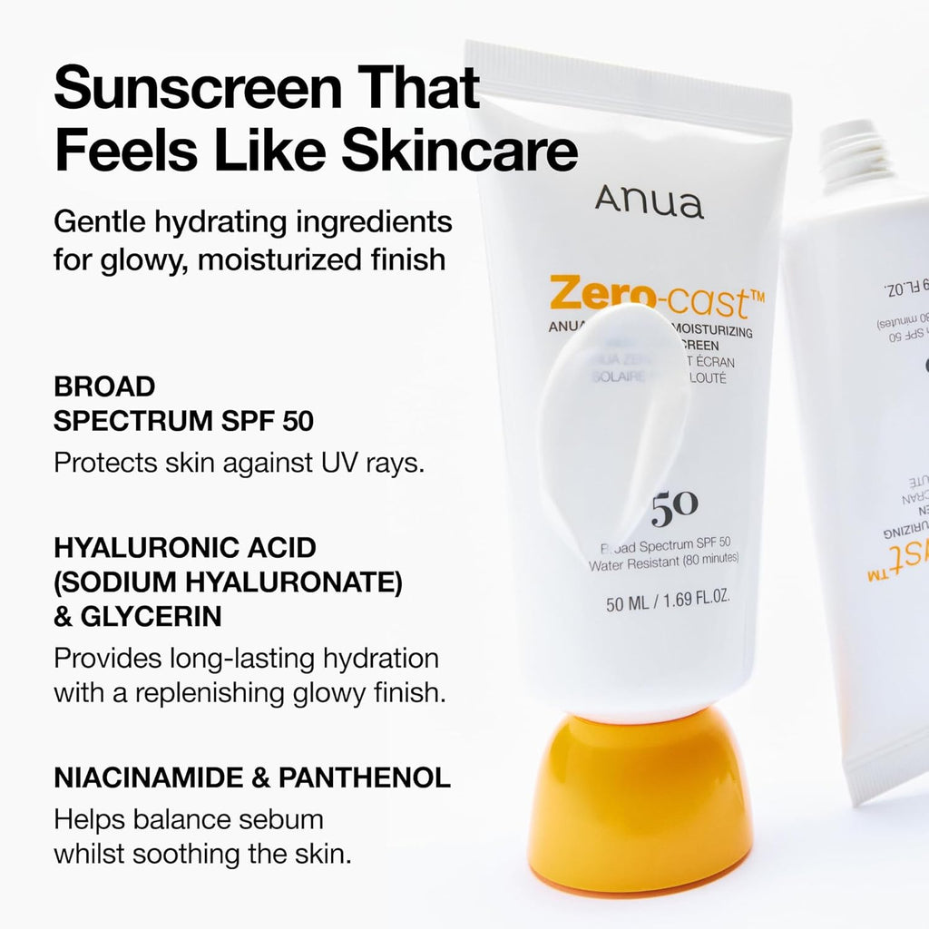 ANUA sunscreen SPF 50 tube with orange base, label visible on front