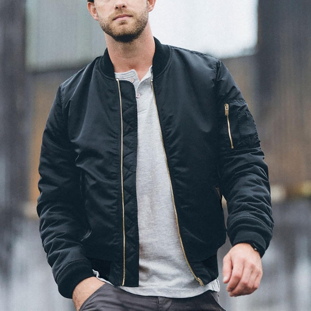 Men’s navy bomber jacket, full front zip, stand collar, side and arm zipper pockets.