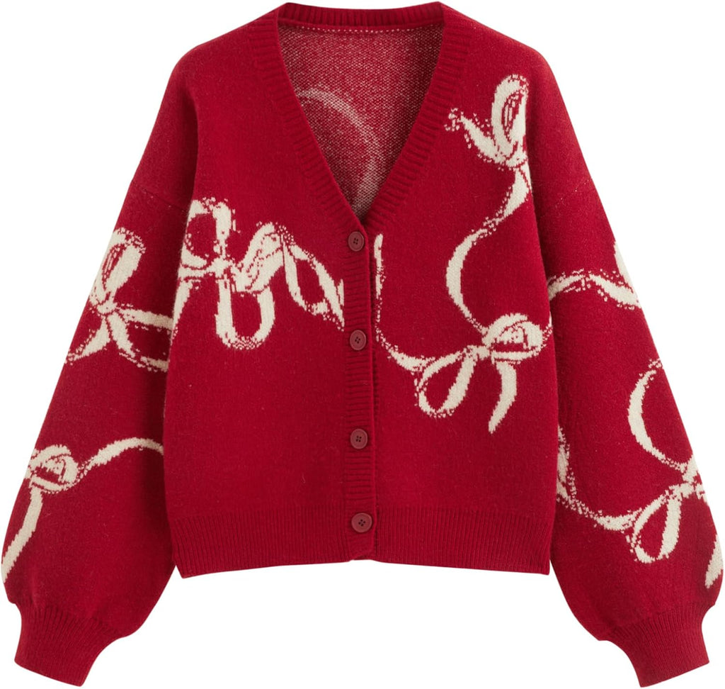Women’s red knit button cardigan with allover white bow motifs, long sleeves