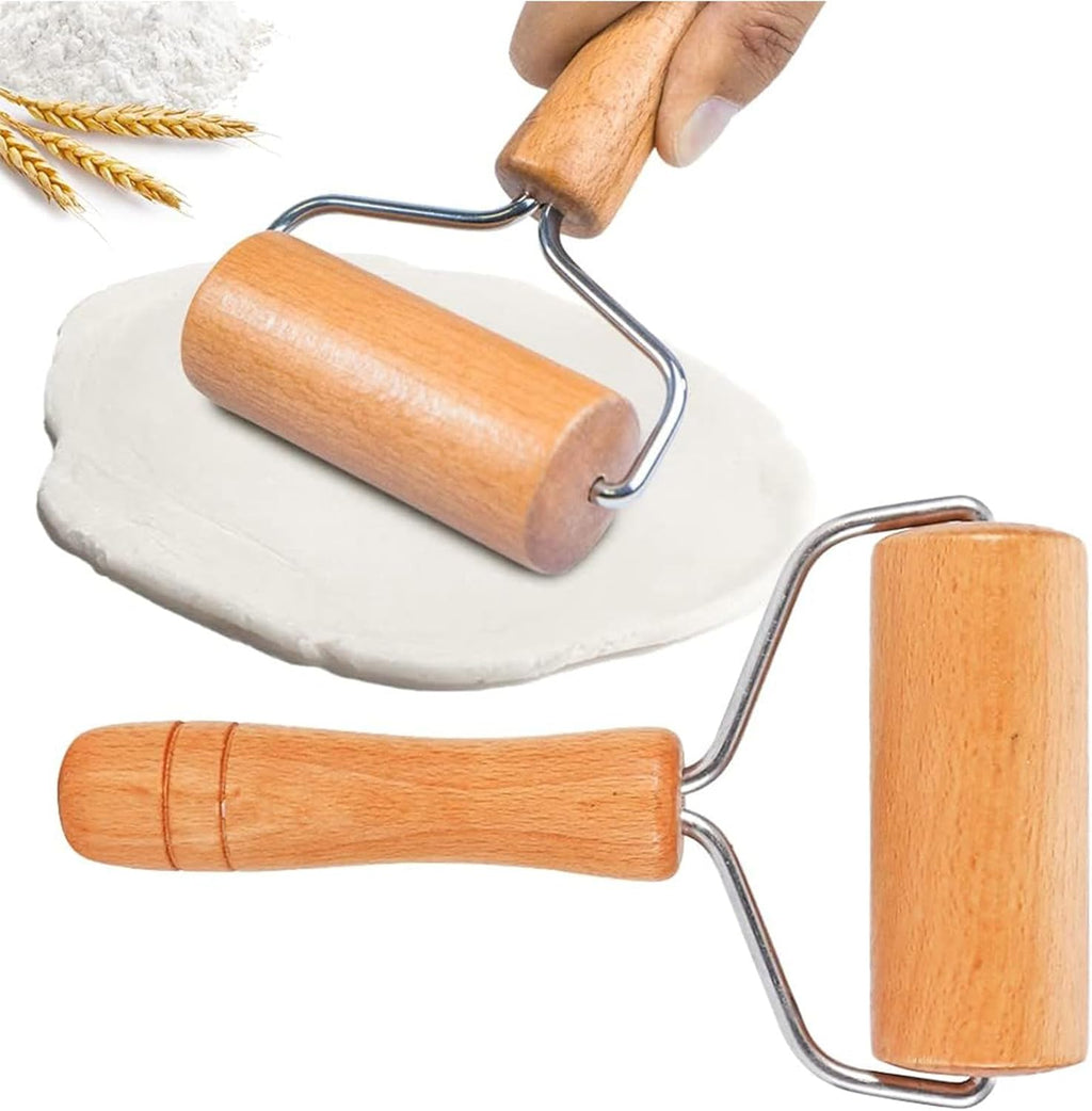 Small wooden pastry rolling pin dough roller with U-shaped metal handles