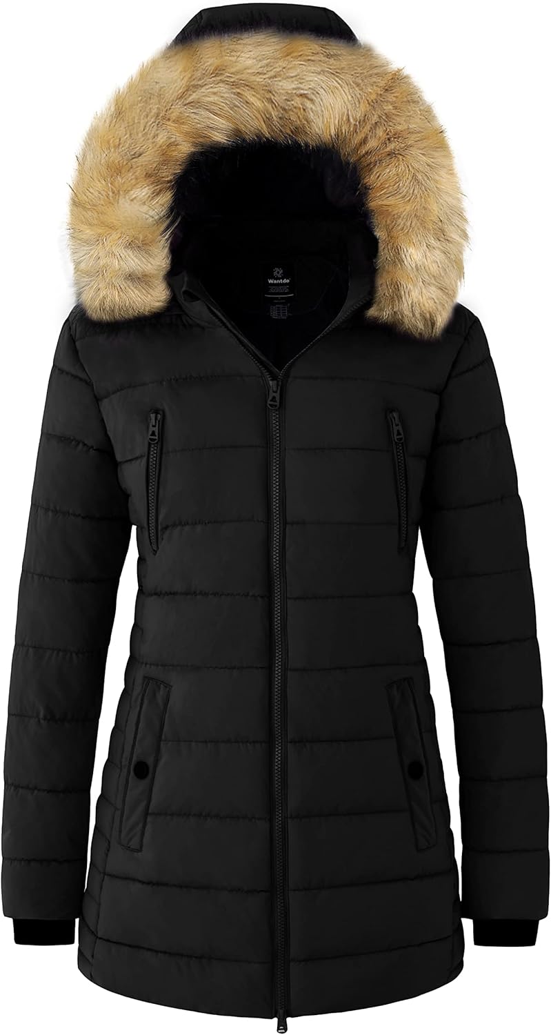 Black puffer parka with zip front, tan fur-trimmed hood and side button pockets.