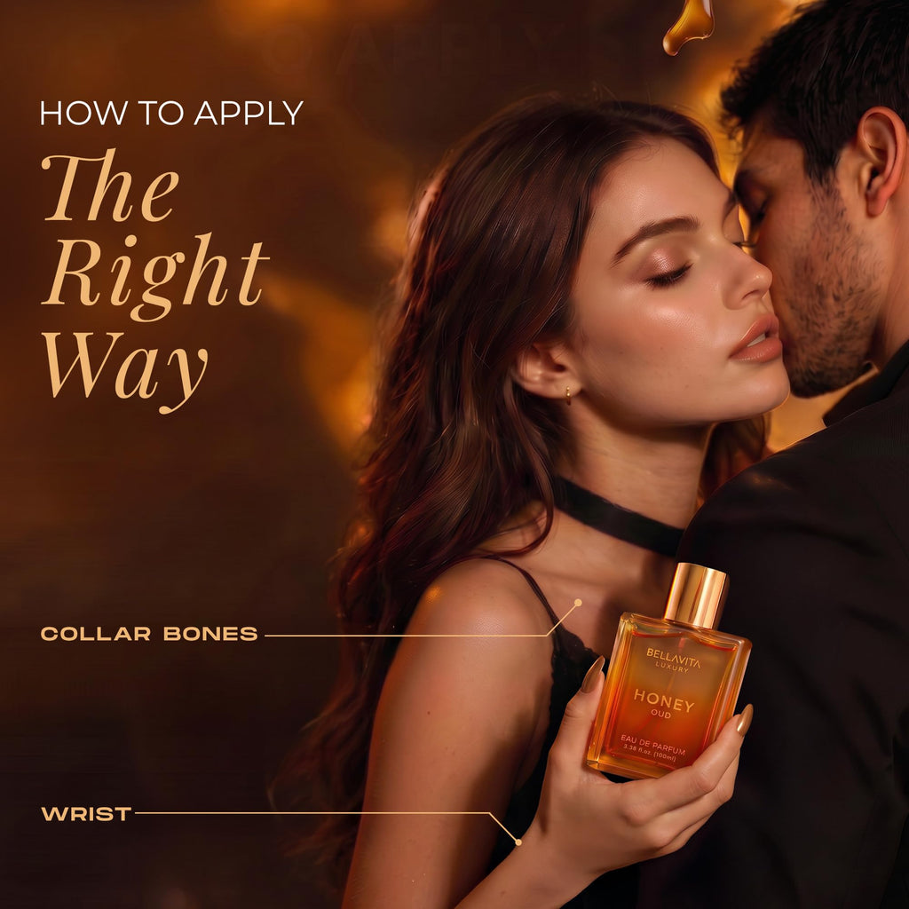 Couple holding honey oud fragrance bottle, amber glass with gold cap