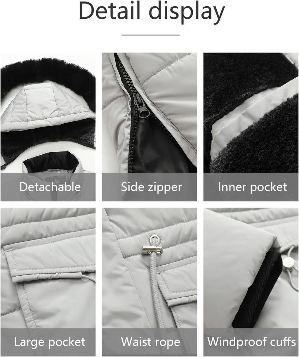 Detail panel: detachable faux-fur hood, side zipper, inner pocket, large pocket, windproof cuffs