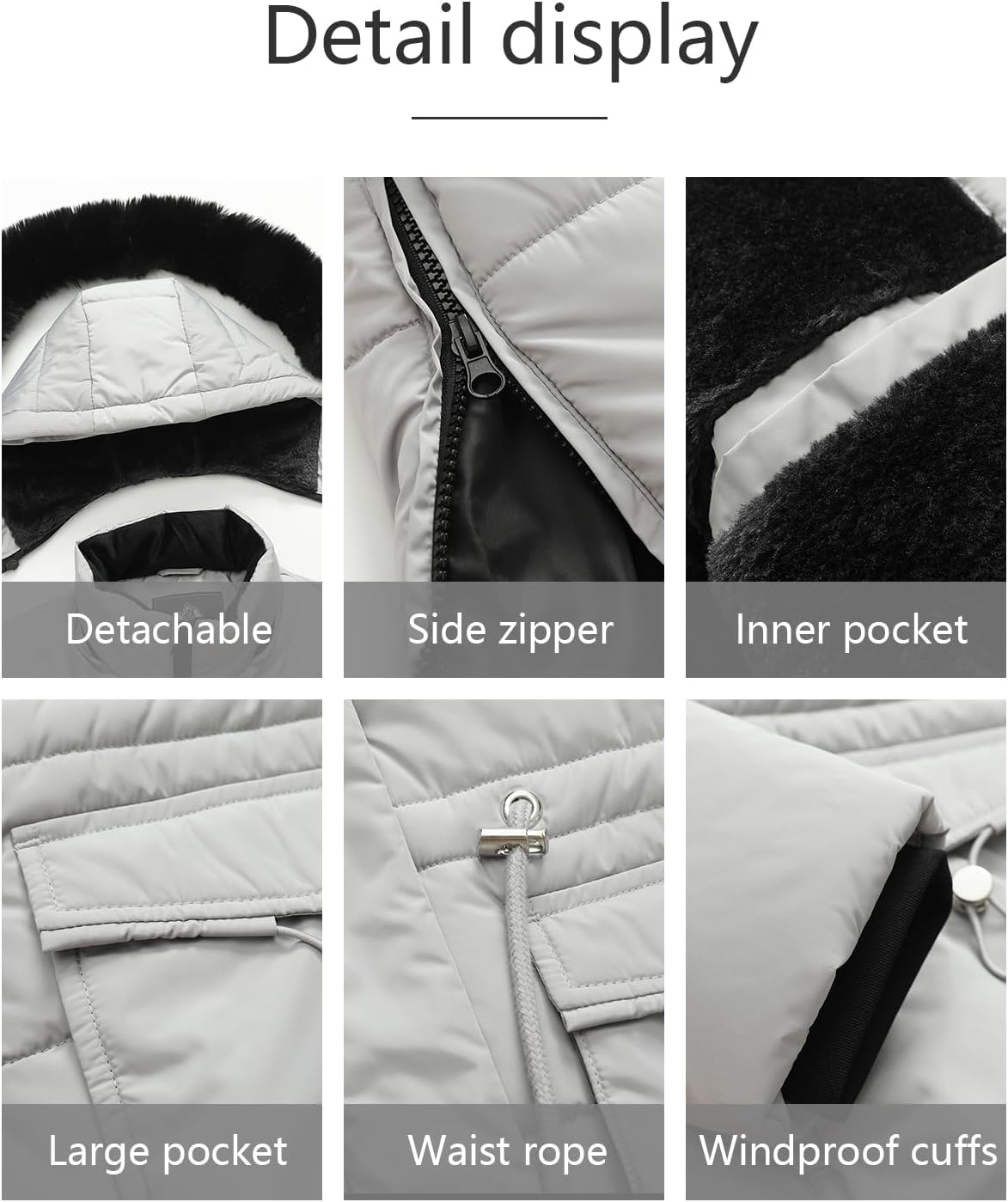 Detail panel: detachable faux-fur hood, side zipper, inner pocket, large pocket, windproof cuffs