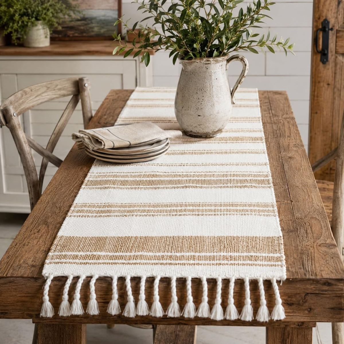 Striped cotton table runner with fringe ends, ivory with natural tan horizontal lines