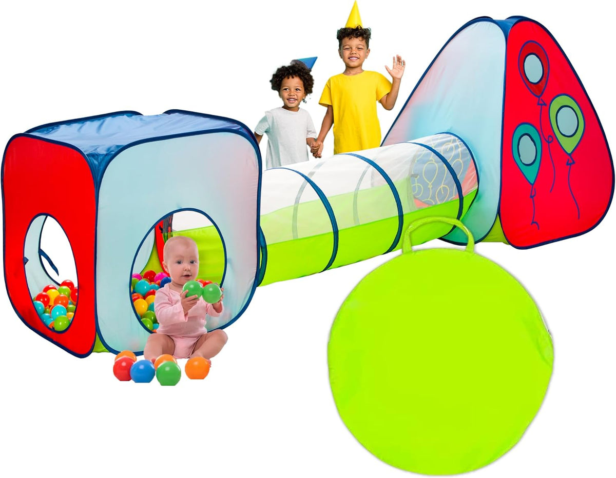 3-piece toddler play tent with tunnel, red/blue tent panels, and green ball pit