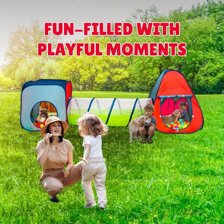 Pop-up toddler play tent set with tunnel and ball pit, red/blue fabric with colorful balls