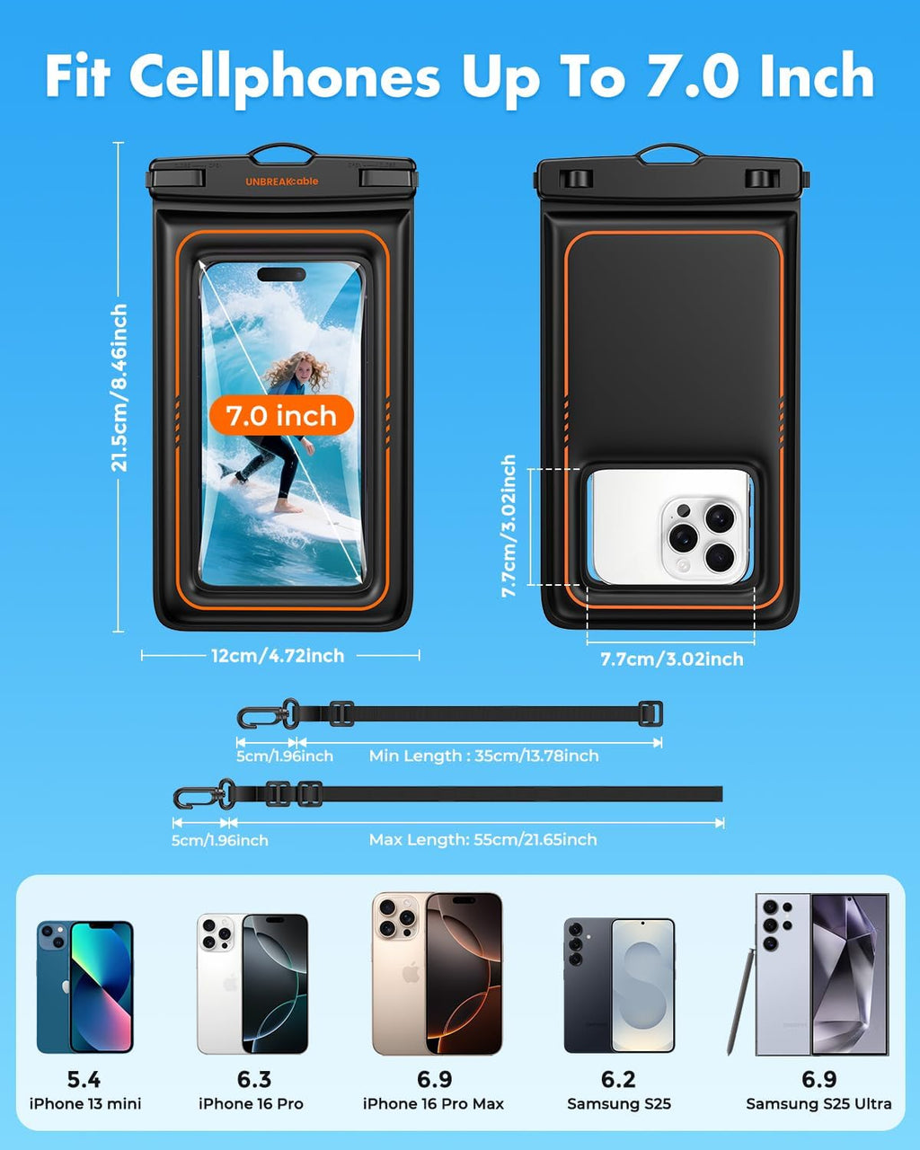 Black waterproof phone pouch with clear window, orange edge trim, for up to 7-inch phones