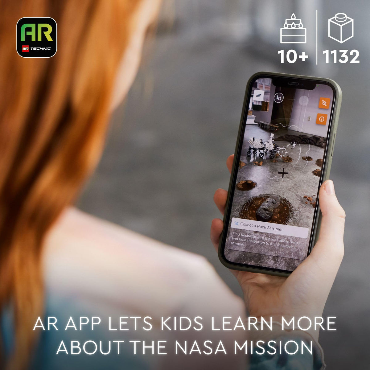 AR app on smartphone showing LEGO Technic Mars rover build in augmented reality