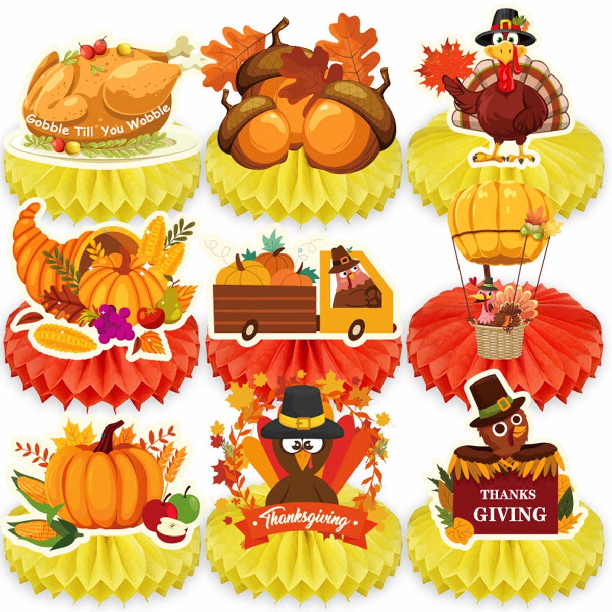 Thanksgiving honeycomb centerpiece set with turkey, pumpkin, and cart toppers, 9 styles