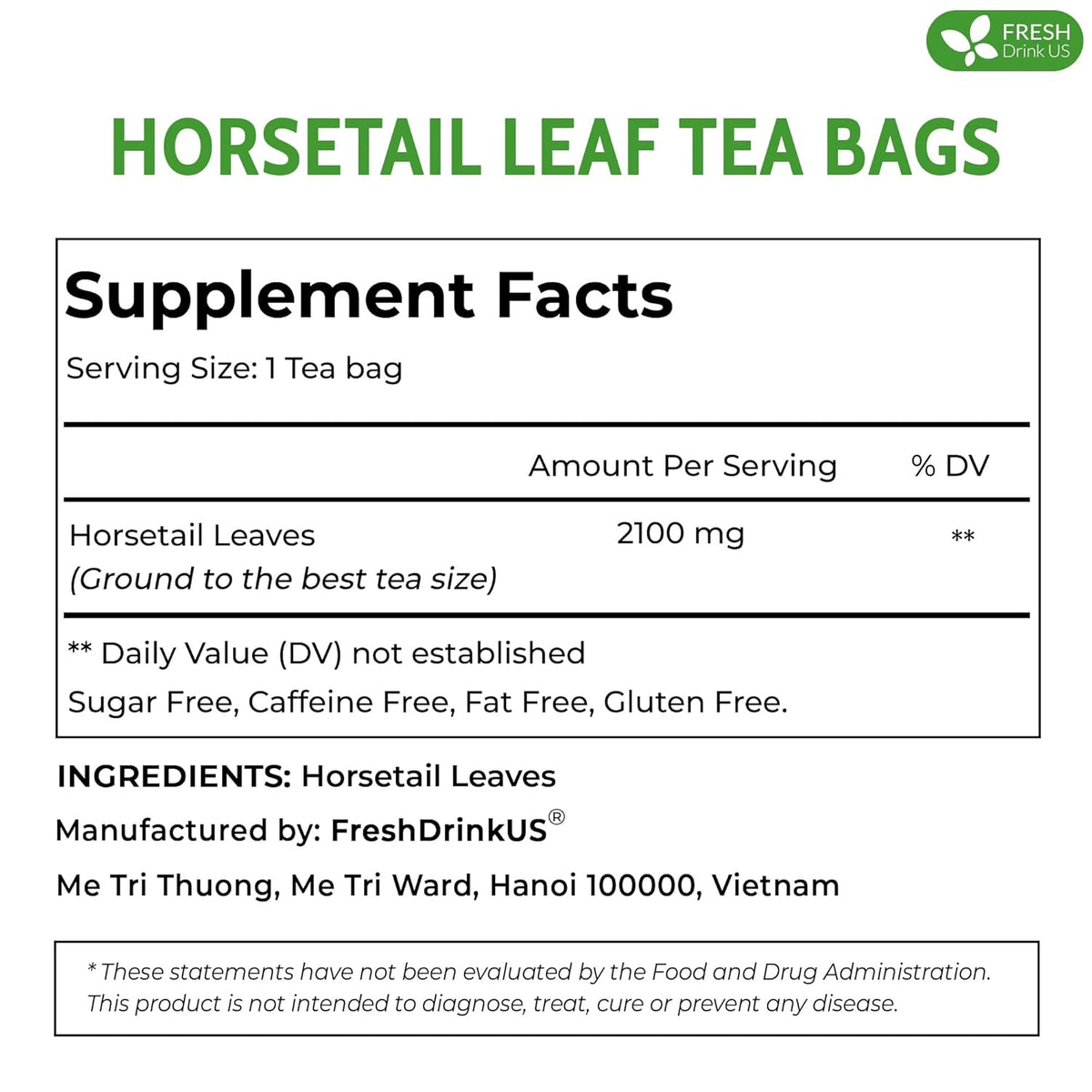 Horsetail leaf tea bags supplement facts panel listing horsetail leaves amount
