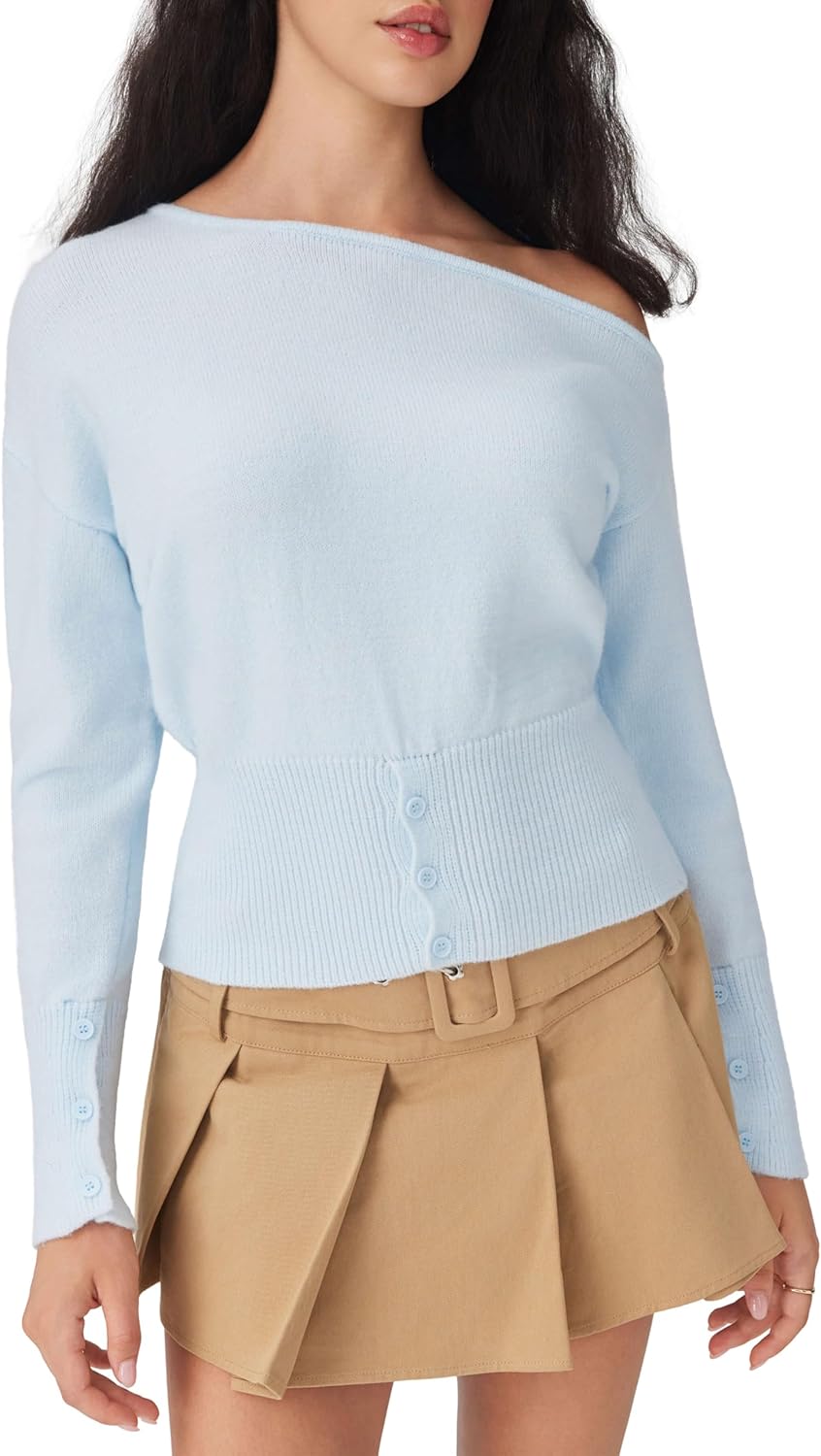 Light blue off-shoulder knit sweater with long sleeves and ribbed button waist detail