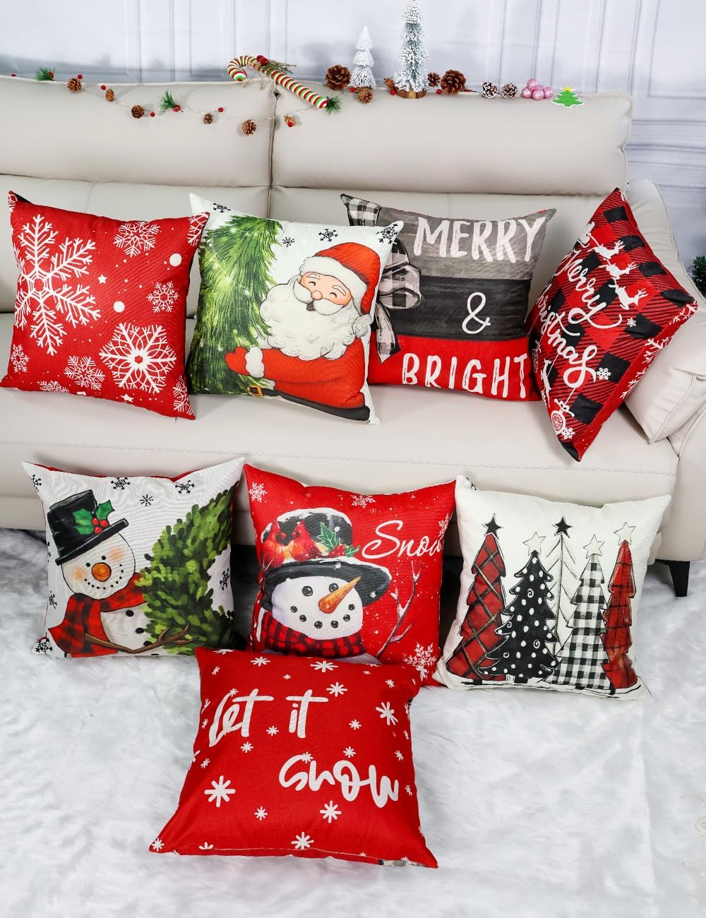 Pillow cover set with red, green, and black prints: Santa, snowman, and Merry & Bright text