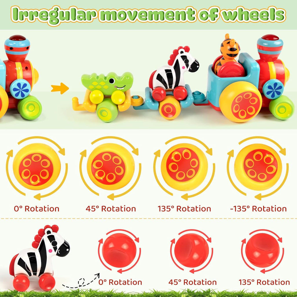 Animal train toy with colorful wheel details showing different rotation angles