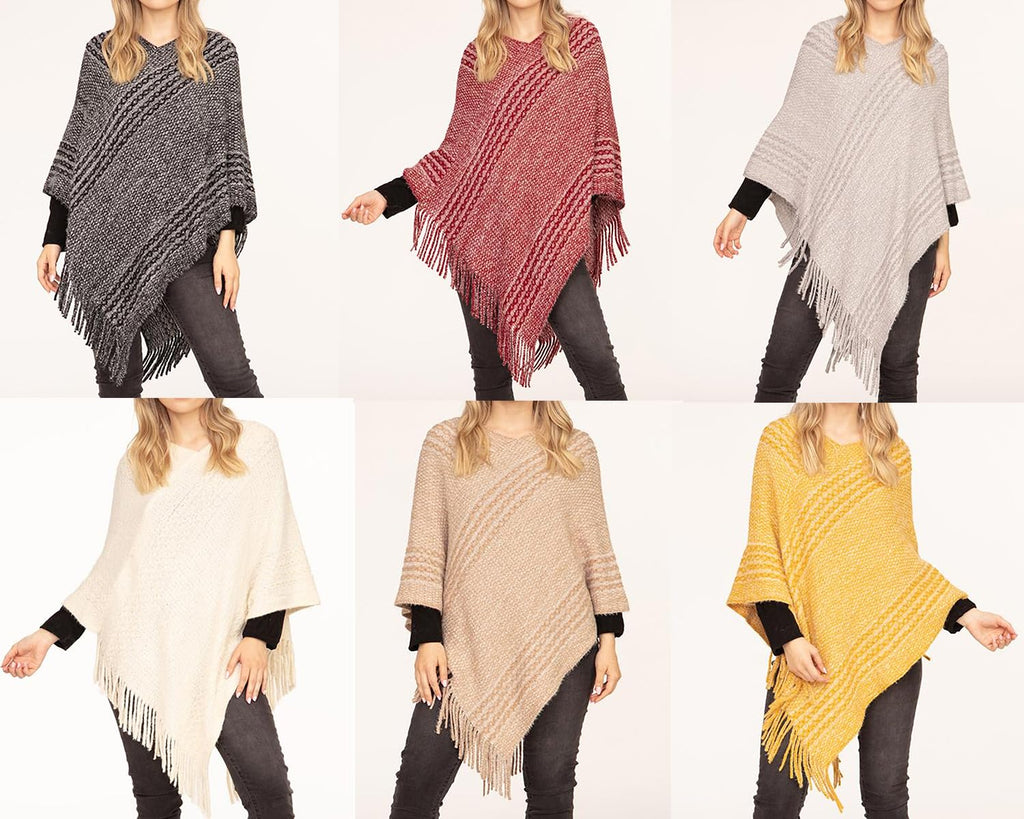 Women's striped V-neck fringe poncho sweater shown in dark gray, burgundy, cream, beige, and yellow