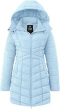 Light blue women’s quilted puffer jacket with hood and front zip closure