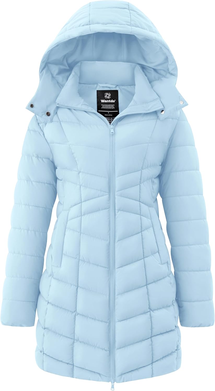 Light blue women’s quilted puffer jacket with hood and front zip closure