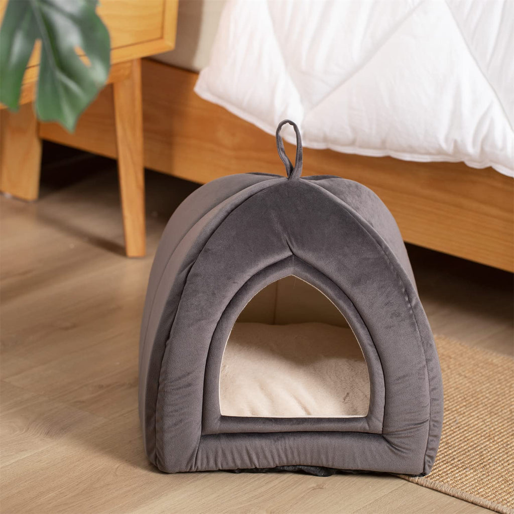 Gray enclosed cat bed tent with arched door opening and top loop