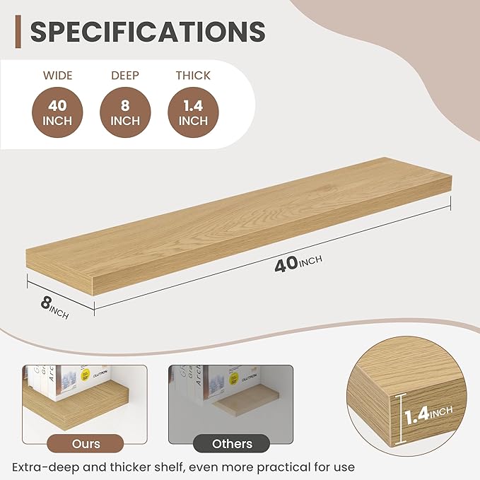 Oak floating shelf showing 40-inch width, 8-inch depth, and 1.4-inch thickness