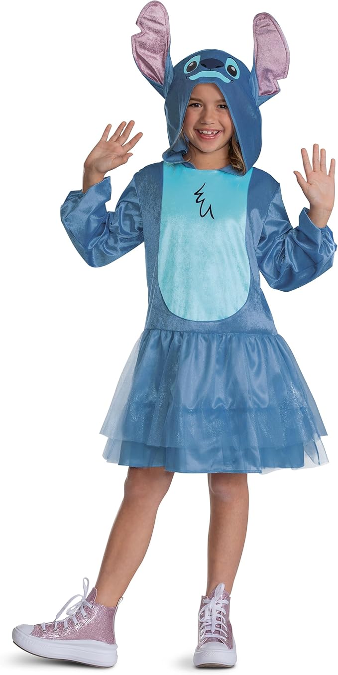 Kids blue Stitch-inspired hooded dress costume with tulle skirt and oversized ear hood