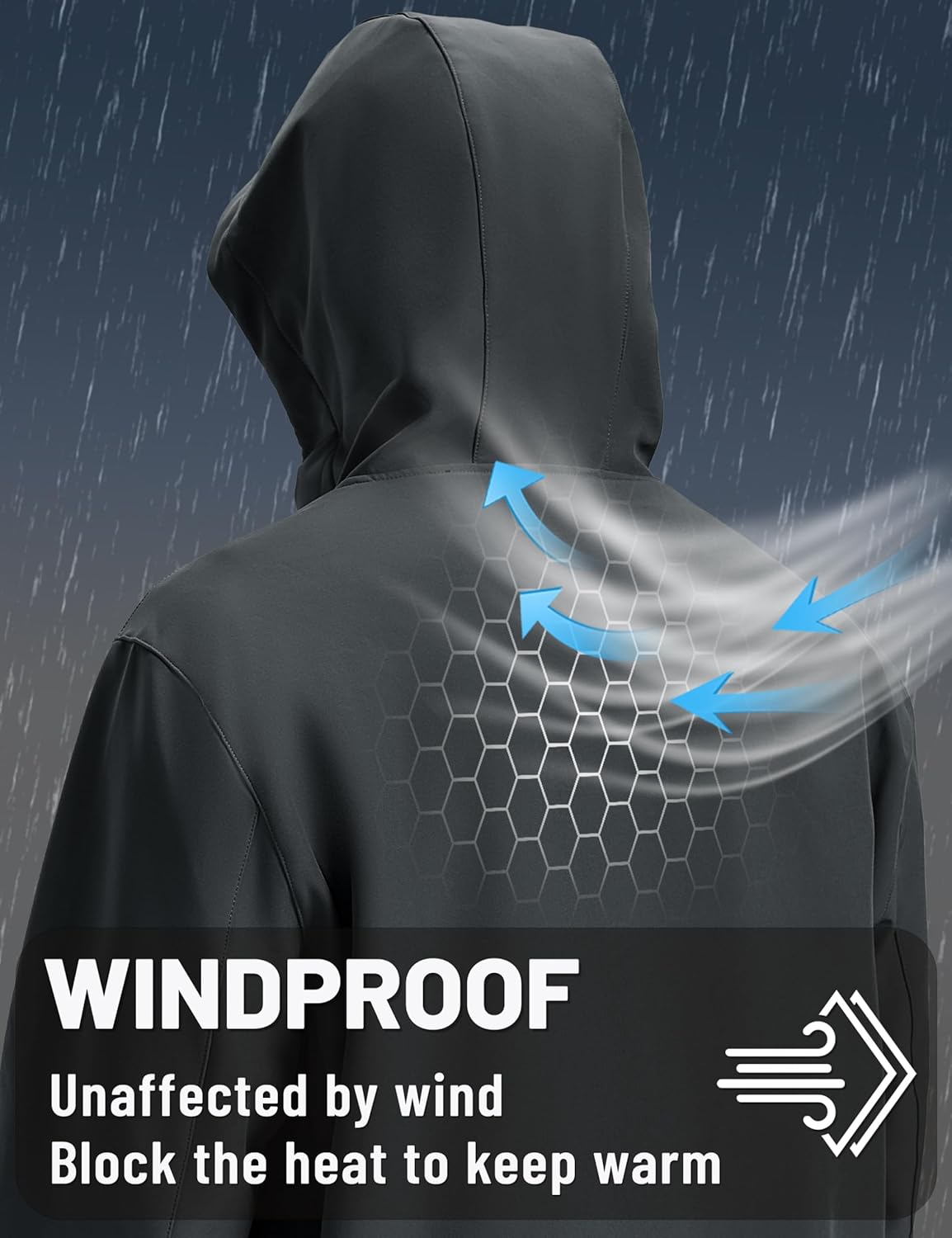 Black hooded jacket back with hex-pattern panel